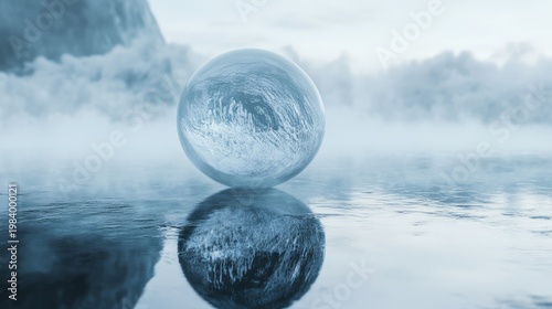 Icy sphere on flat mirror surface with foggy glow .