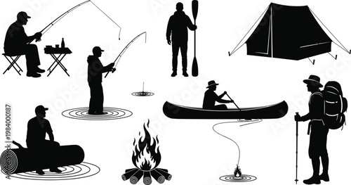 Set of Outdoor Adventure Silhouettes Including Camping Tent Campfire Fishing Hiking and Canoeing Elements Isolated on White Background for Summer Vacation and Nature Concepts