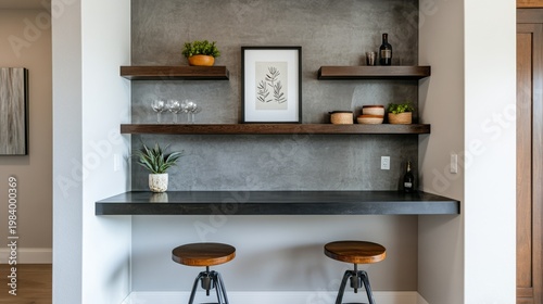 Kitchen nook with floating dark shelves and textured grey wall .