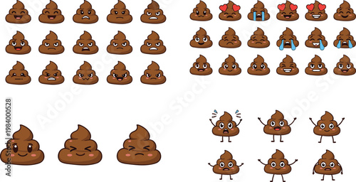 Funny poop emoji characters set in pixel art style, cute smiling and expressive cartoon icons collection isolated for humor design and playful illustration