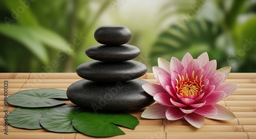 A stack of black stones with a pink lotus flower on a bamboo mat with green leaves in the background.