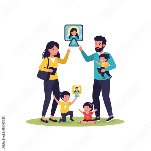 Family holding video call on device.
