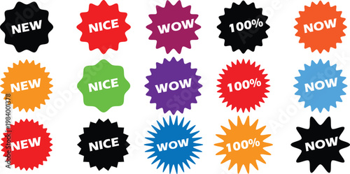 Vibrant promotional stickers and starburst badges with text nice wow and 100 percent for retail sales and marketing.