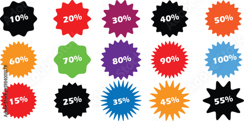 Set of colorful starburst badges featuring various percentage discount values for retail sales and promotional marketing banners.