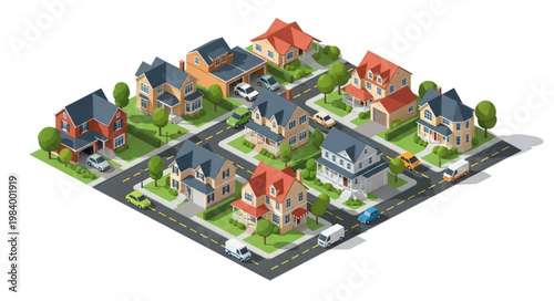 Isometric suburban neighborhood with houses and streets.