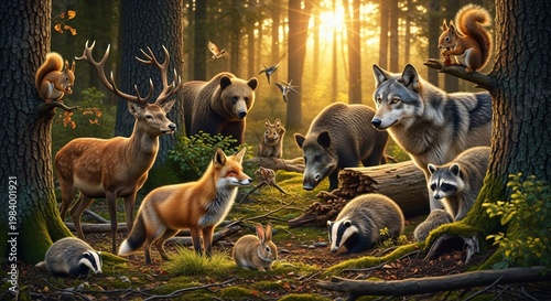 A gathering of forest animals beneath sunlit trees in nature