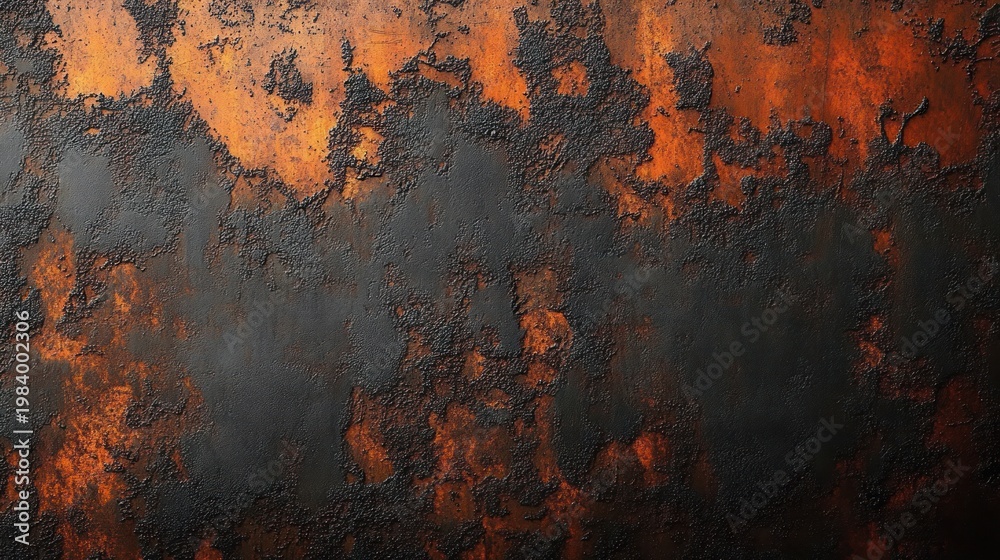 Fototapeta premium peeling black paint and orange rust on a textured metal surface, weathered gritty decay