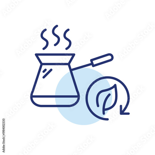 Turkish coffee maker. Cezve and leaf in renew arrow. Pixel perfect, editable stroke vector icon