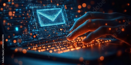 hands typing on a glowing laptop keyboard beneath a holographic digital envelope and neon circuit lights, conveying focused urgency and futuristic connected communication