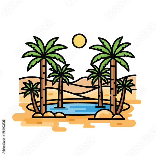 Tropical palm trees by blue water.