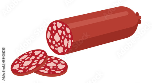 A thick, deep red cured sausage log lies neatly beside two freshly cut circular slices, exposing an intensely vibrant crimson interior beautifully marbled with irregular chunks of bright savoury fats
