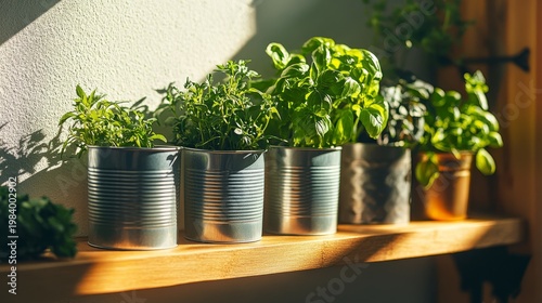 Sunlit shelf with fresh herbs in tin cans .