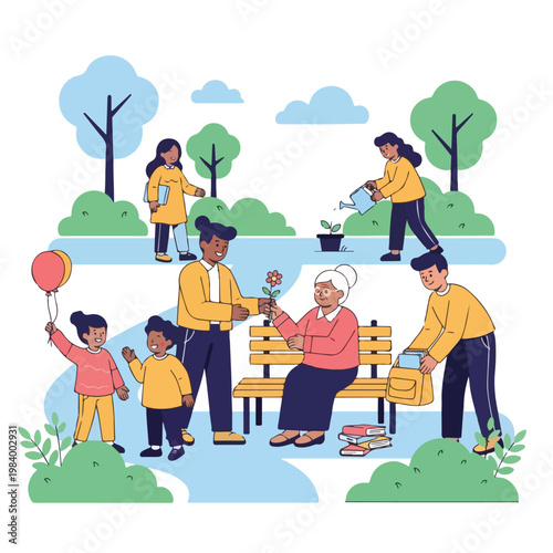 family members helping elderly woman.
