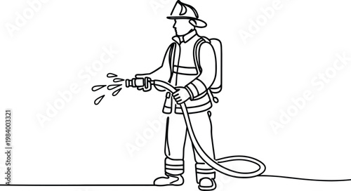 A single continuous line drawing of a brave firefighter holding a water hose to extinguish fire
