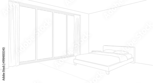 Minimalist Modern Bedroom Interior Architectural Outline Sketch. Contemporary Design Drawing with Bed, Nightstand and Large Window.