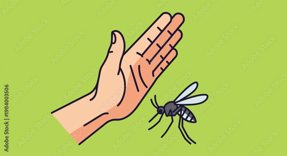 Fototapeta premium World Malaria Day awareness illustration of a mosquito near a human hand, highlighting the fight against malaria