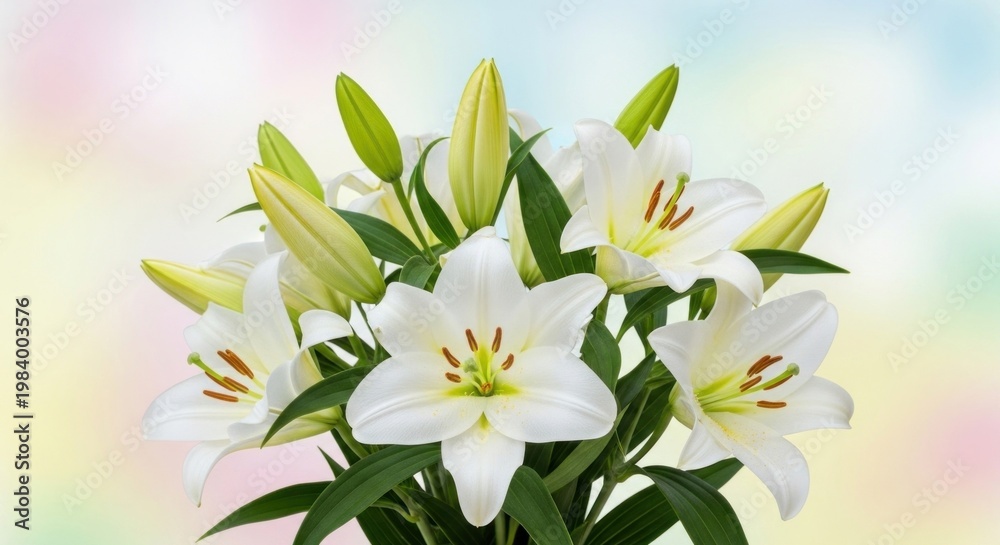 Fototapeta premium A bouquet of white lilies with green leaves against a colorful, blurred background.