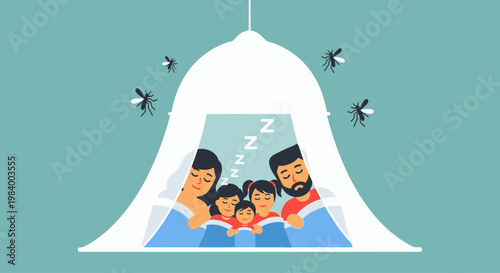 Protecting families from mosquito-borne diseases on world malaria day, illustrating the importance of nets for safe sleep and health awareness