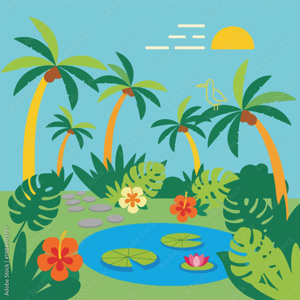 Obraz premium Tropical palm trees with green leaves.