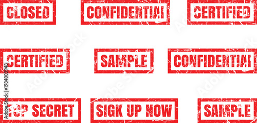 
Collection of red grunge rubber office stamps including confidential sample and sign up now text for business document marking