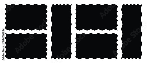 graphic design elements for decoration, banner, poster, template, sticker, badge, label, tag. Geometric shapes with scallop and zigzag edges set. Set of jagged ellipses elements. Rectangular curved bo