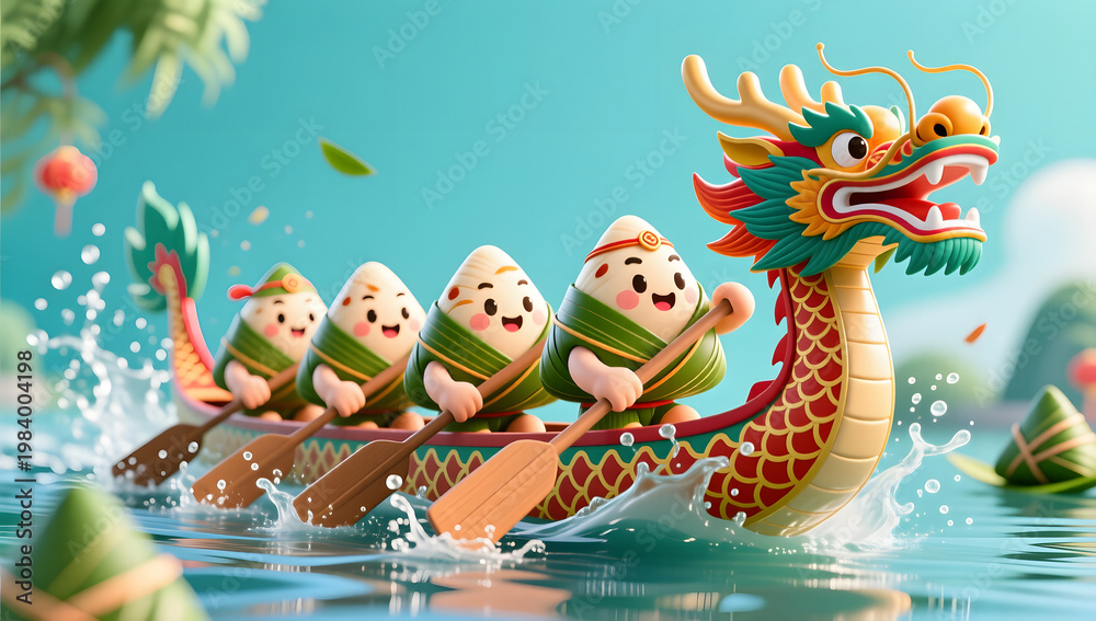 Fototapeta premium Funny zongzi characters racing for Dragon Boat Festival