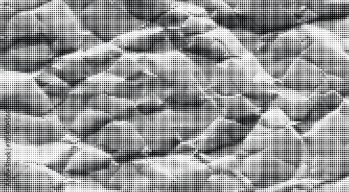 Crushed paper texture with halftone dots in monochromatic studio lighting for graphic design backgrounds