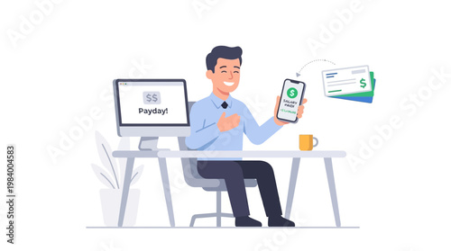 A man sitting at a desk holds a phone with a green checkmark on the screen in an illustration of a modern office scene.