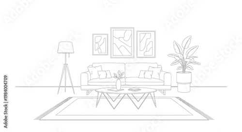 Minimalist living room line art illustration. Modern interior design outline drawing with sofa, coffee table, plant, and framed art.
