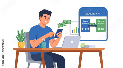 Man using banking app on phone and laptop at desk with money flying out