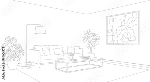 Minimalist line art illustration of a modern living room interior design. Aesthetic blueprint style sketch with sofa, coffee table, and plants.