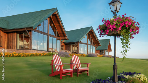 A beautiful summer resort featuring cozy wooden lodges