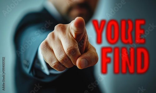 Close-up of a suited man pointing directly at the viewer with bold red background text, conveying accusation and urgency