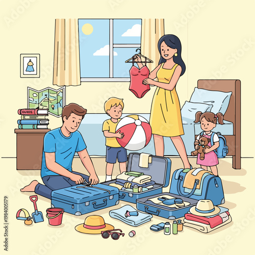 Family packing luggage for vacation travel.