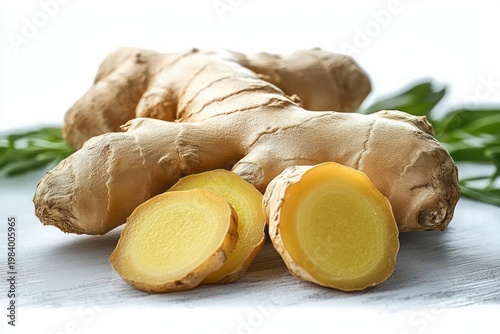 fresh ginger root with golden slices on a wooden surface and green leaves, bright close-up conveying freshness, natural vitality and zesty invigorating aroma