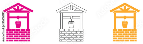 Well icons, water well symbols collection, rural and agriculture concept, groundwater source icons, traditional and modern well designs, minimal vector set