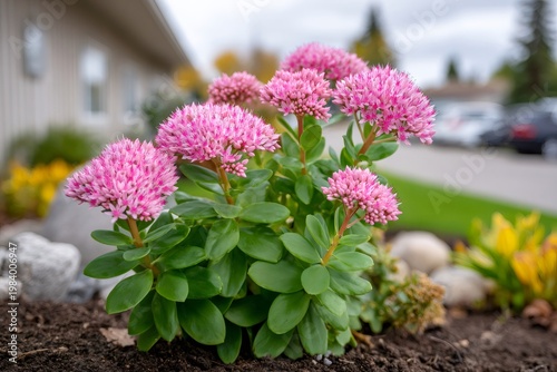 Sedum plant with pink flowers blooming in autumn garden