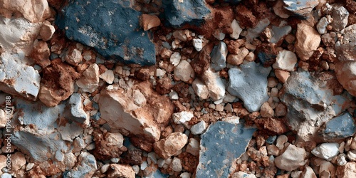 Detailed overhead view of a varied collection of rough, natural rocks and gravel, showcasing diverse textures and earthy tones, perfect for a rugged background