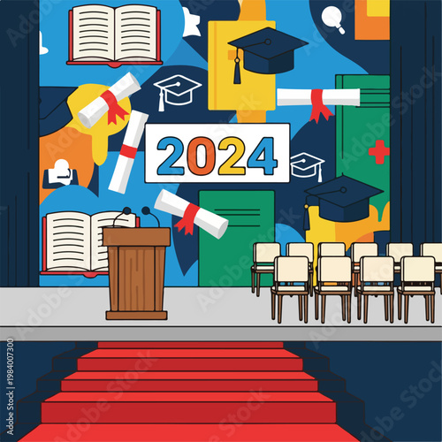 Graduation ceremony with empty chairs.