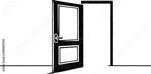 Continuous line drawing of an open door, concept of opportunity, freedom, and new beginnings, open door isolated on a white background.One-line open door vector illustration. 
