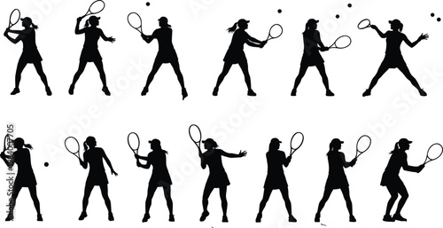 Tennis player silhouettes set in action poses, female athlete serving and hitting ball vector collection isolated for sports design and fitness illustration