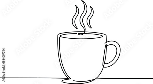 Continuous thin line coffee cup with smoke vector illustration, minimalist sketch doodle for cafe.
A simple black and white line drawing of a steaming cup of coffee on a saucer with a handle design
