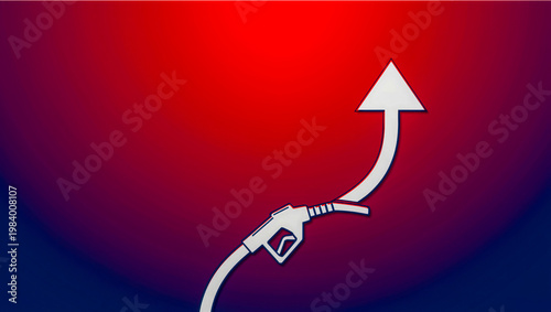 Fuel pump nozzle with rising arrow on red blue background with copy space