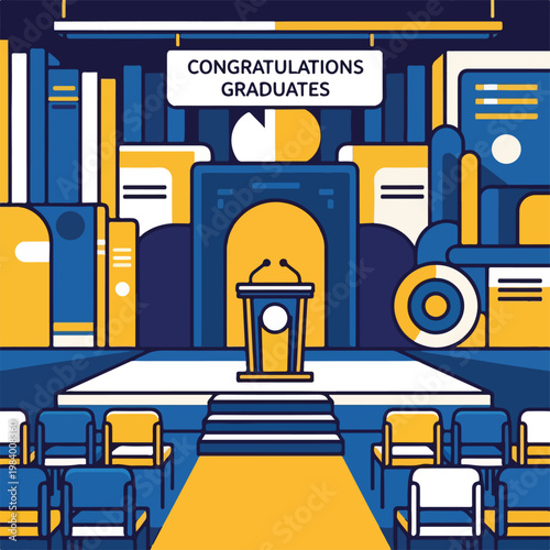 Graduation ceremony with podium and chairs.
