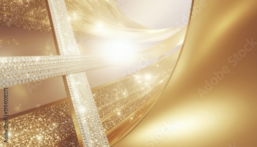 Landscape abstract gold background with flowing light particles and glowing curves.