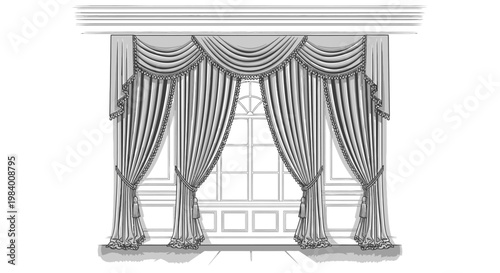 Ornate window treatment illustration featuring elegant drapes, swags, and tie-backs for interior design concepts.