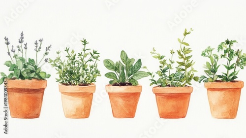 Fresh garden herbs in terracotta pots .