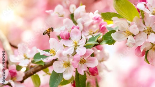 Honey bee pollinating pink apple blossoms in sunlight