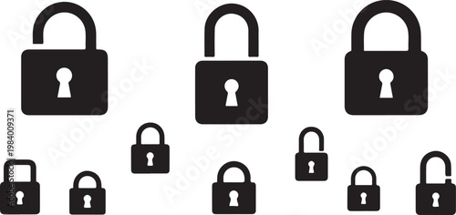Black padlock icons in various sizes on white background