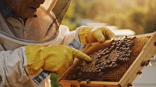 Beekeeper in Protective Suit Inspecting Honeycomb Frame With Bees in Apiary at Sunset